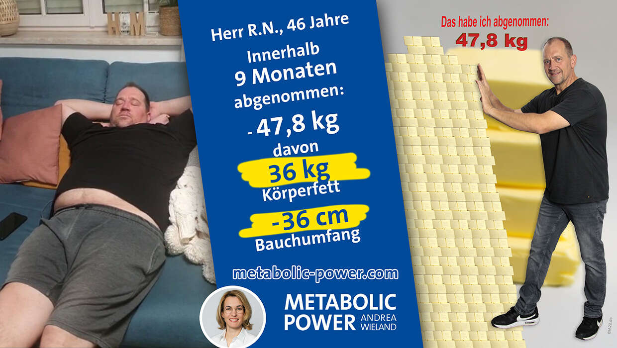 Herr R.N., 46 Jahre in 9 Monaten: - 47,8 kg, davon 36 kg Körperfett -36 Bauchumfang