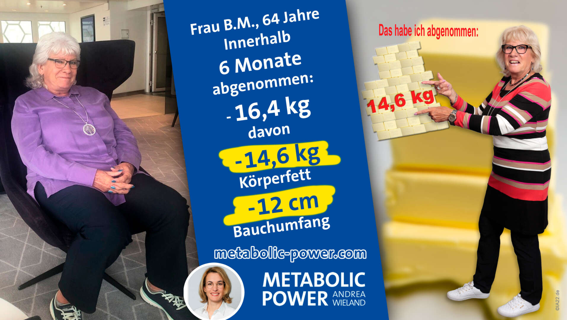 B-M_dreiteilig-Balken-blau_08-2025 Frau T.V., 33 Jahre in 2 Monaten: - 13 kg, davon 5,5 kg Körperfett